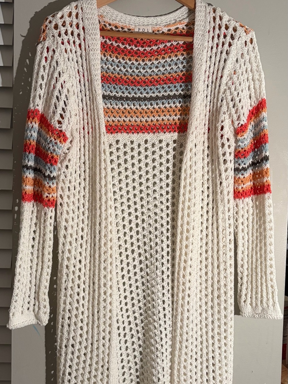 POL Open-Knit Cream Cardigan with Multicolor Stripes